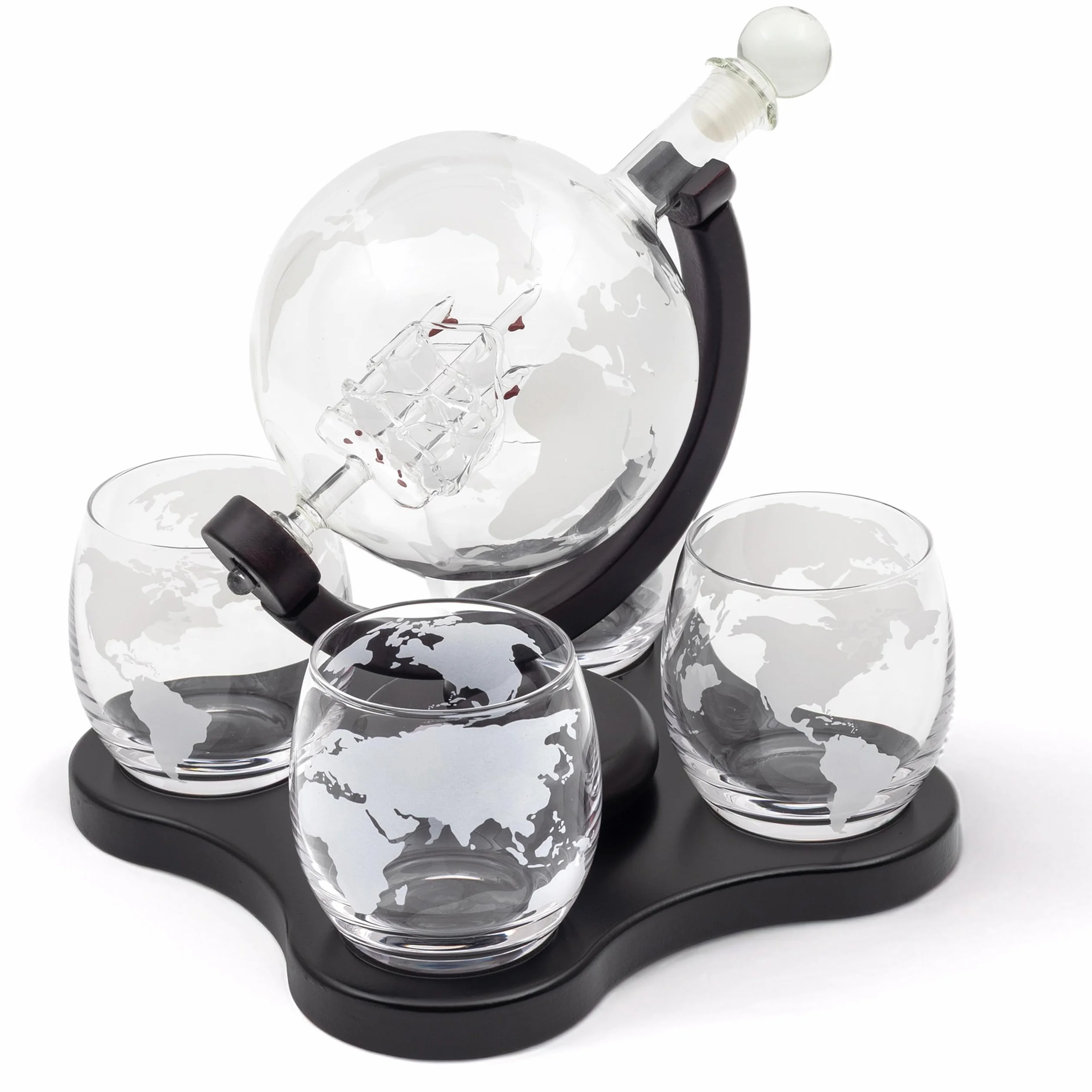 Hanseküche Caraffa per whisky - Caraffa da decantazione a forma di globo terrestre 900 ml con 4 bicchieri da whisky - Elegante set di caraffa per whisky da uomo - Idea regalo per compleanno, festa