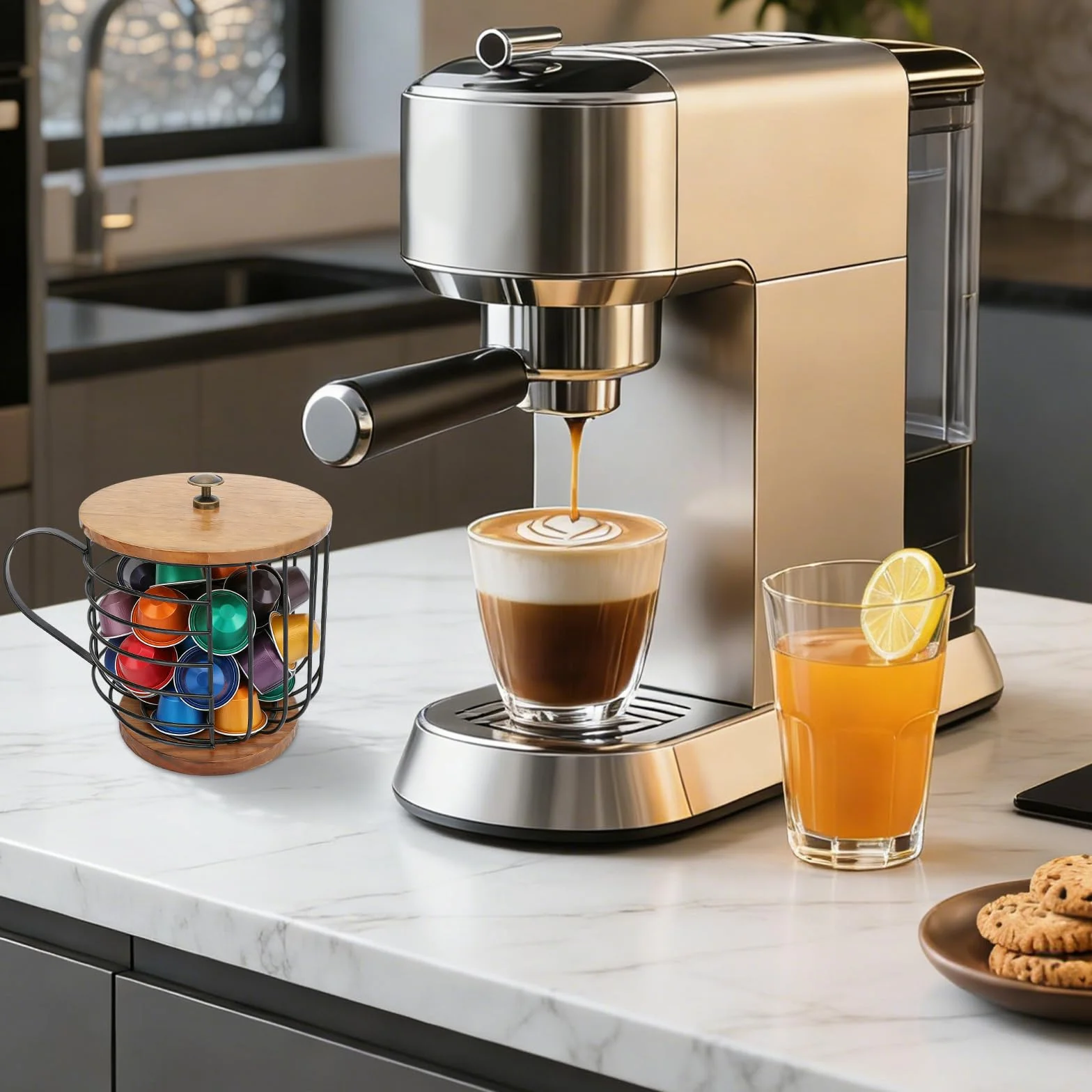 Buachois Porta Cialde Caffè,Cestelli Per Cialde Caffè, Base in Legno di Grande Capacità,Contenitore per Cialde Caffè, Contenitore in Filo Metallico Kup con Coperchio Per Bar Domestico(Nero)