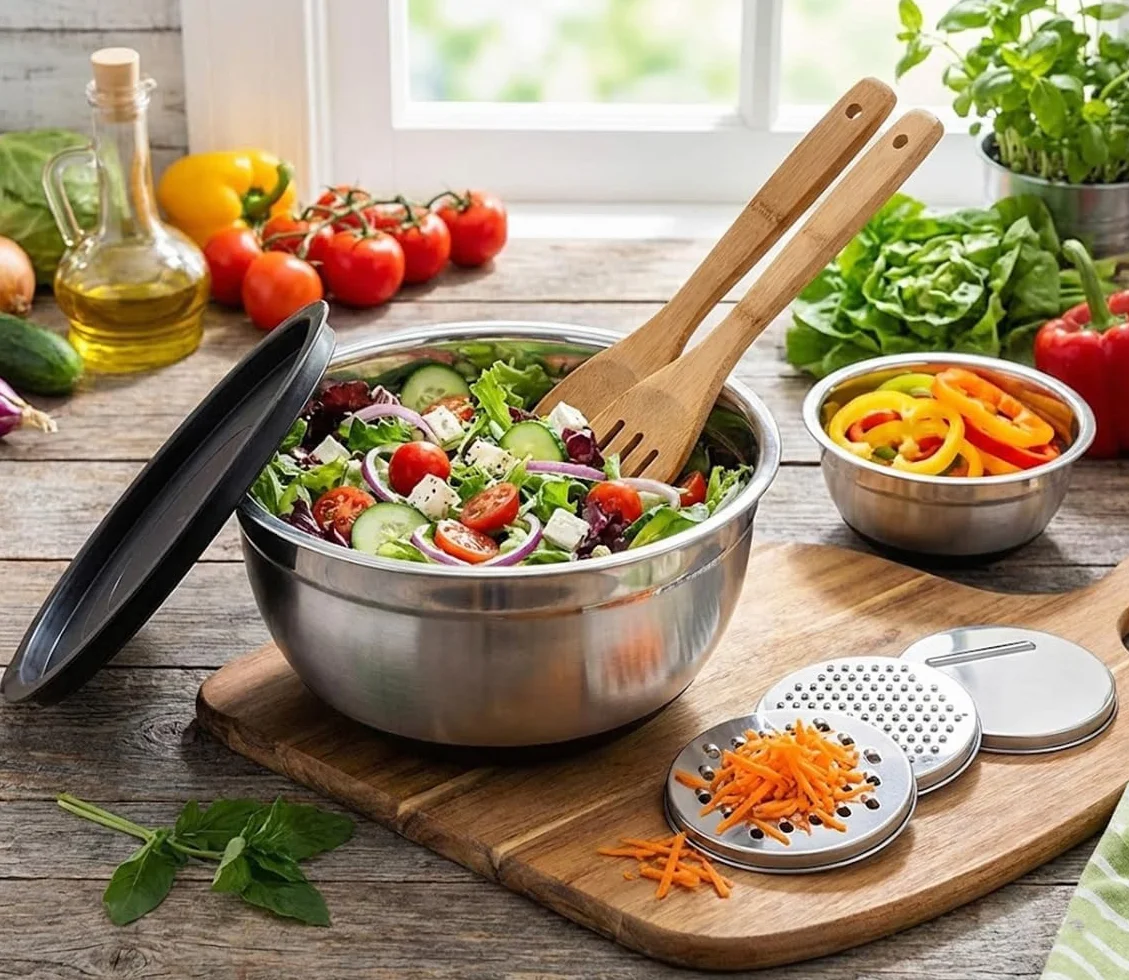 Set di 6 ciotole per la cottura, ciotola in acciaio inox con coperchio trasparente, 3 grattugie, 4,5 l/2,7 l/2 l/1,5 l/1,2 l/0,7 l, per cucinare, cuocere, cucina, nero