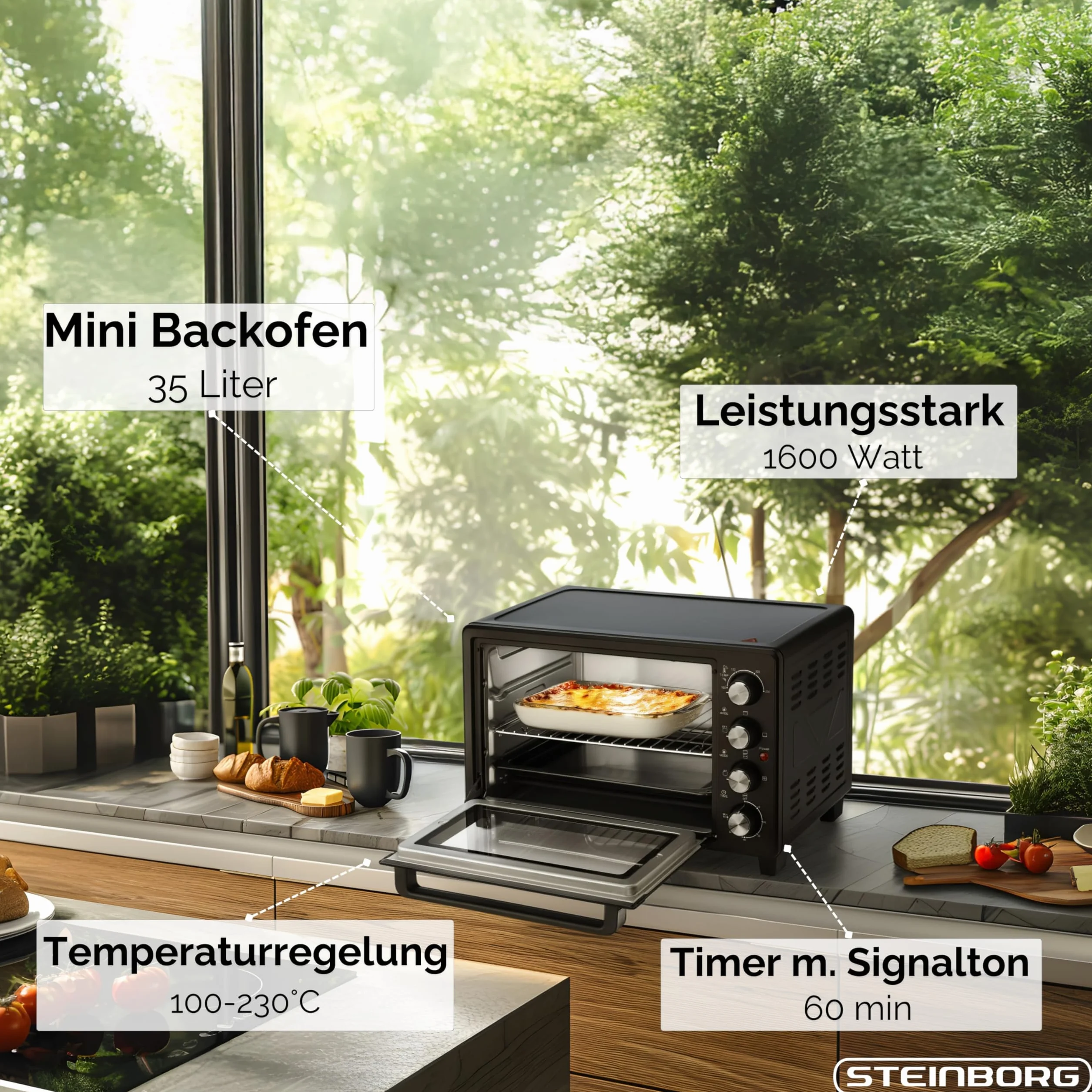 Steinborg Mini forno da 35 litri con convezione e spiedino, piastra per briciole, calore superiore e inferiore, 1.600 Watt, mini forno con timer, piccolo forno, autoportante, regolazione della