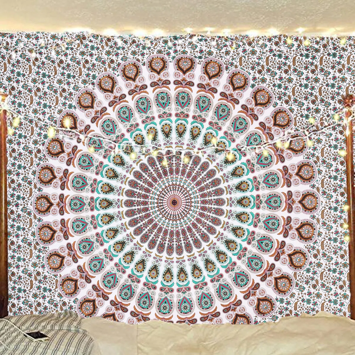 Bless International Arazzo da appendere alla parete o per biancheria da letto, stile hippie indiano, bohémien, psichedelico, pavone, mandala (floreale oro, king size, 225 x 265 cm)