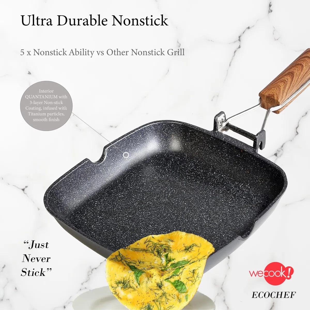 WECOOK! Ecochef Titanio Bistecchiera Liscia, Induzione, 24x24cm, Antiaderente QUANTANIUM Ecologico senza PFOA, Alluminio Fuso, 5mm di Spessore, Manico in Legno Pieghevole, Vitroceramica, Gas