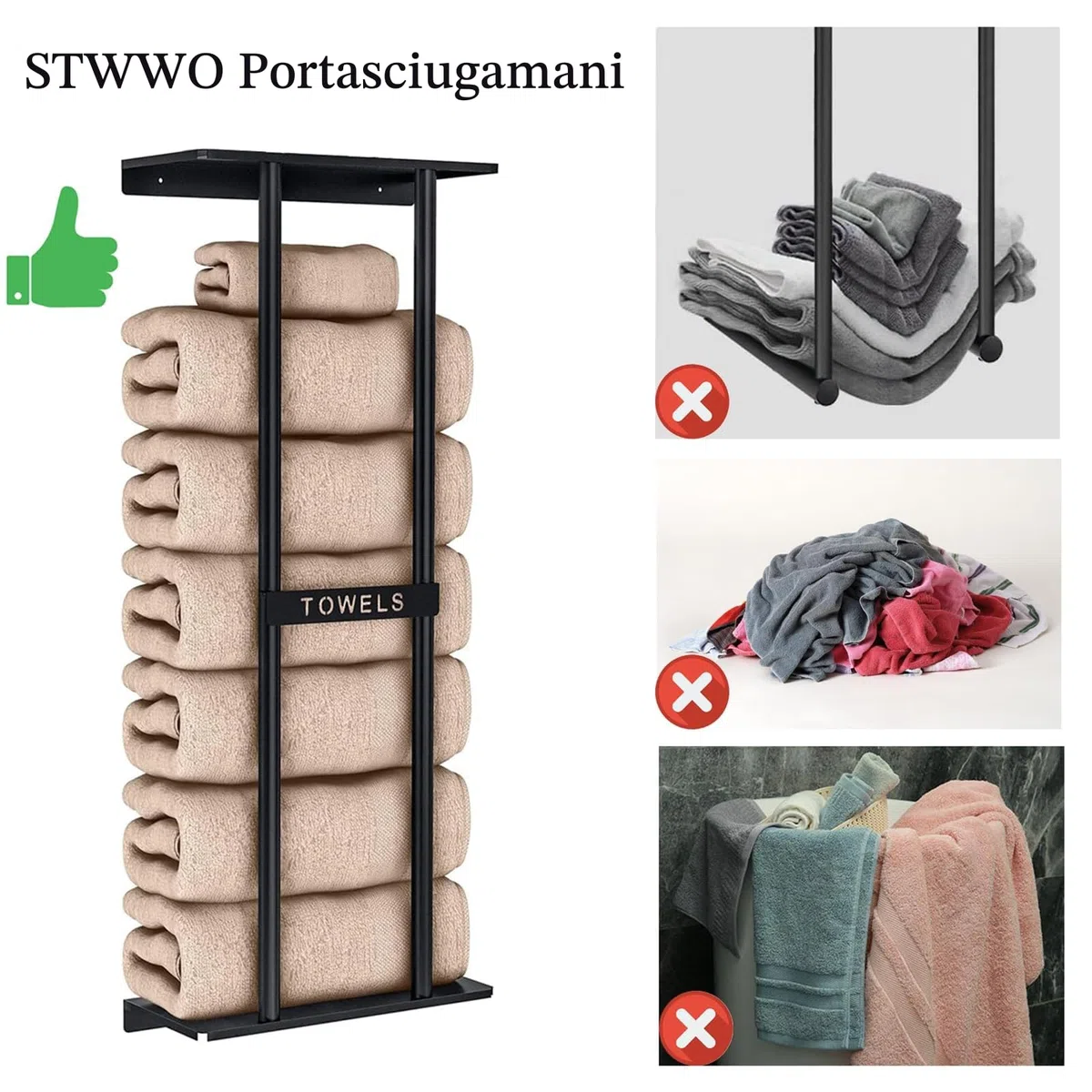 STWWO Mensole Portasciugamani da Bagno Porta Asciugamani da parete Nero 76cm Porta Salviette Grandi Asciugamani Organizer Portasciugamani Verticale con ripiano per Bagno Cucina Toilette