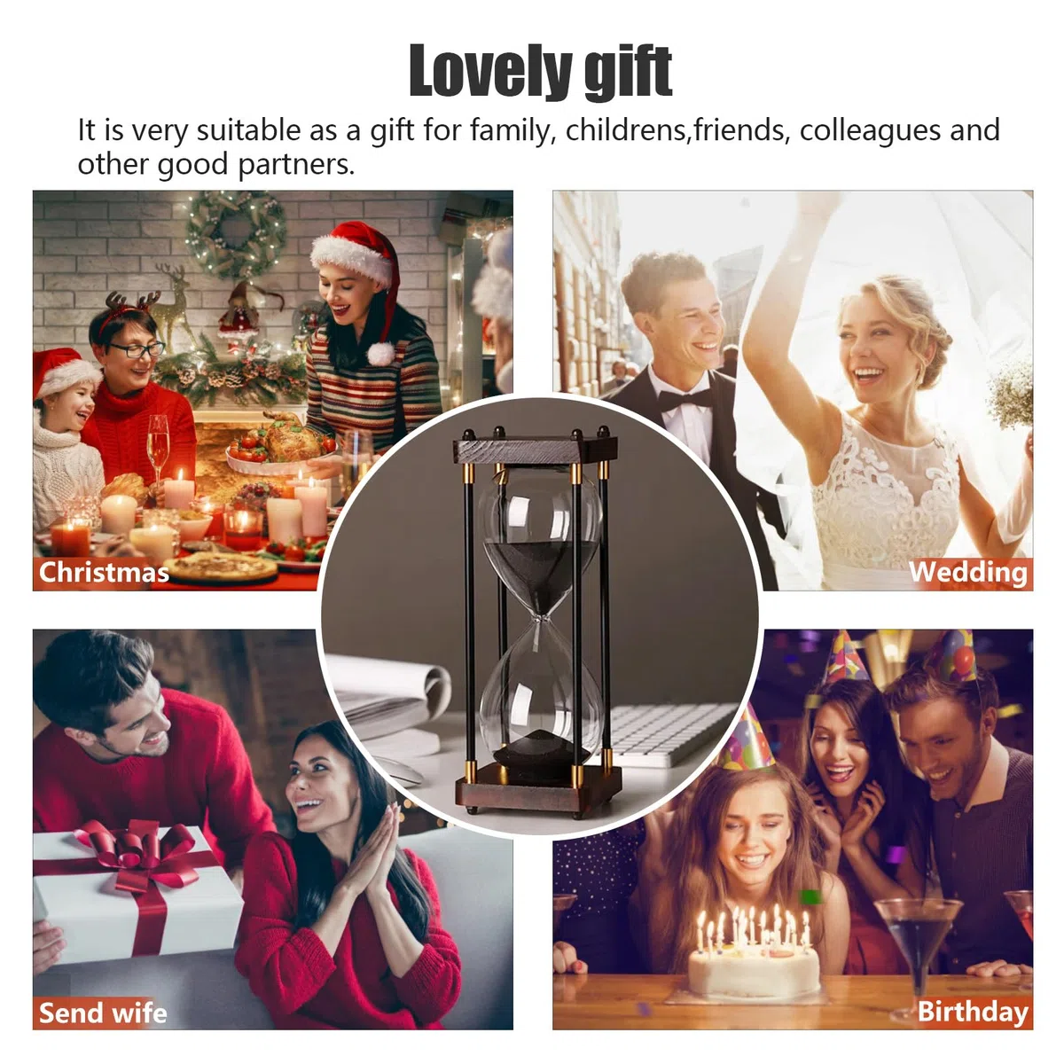 Clessidra Grande 60 Minuti in Legno Arcobaleno - Vetro Decorazione Regalo per Casa, Scrivania, Ufficio, Matrimonio (Nero)
