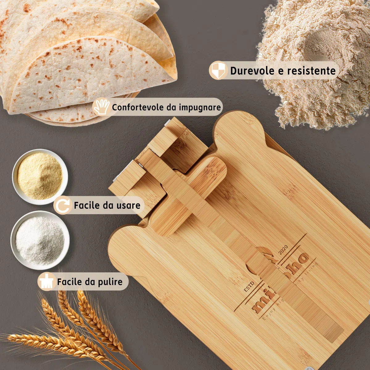 Mihoho Pressa per Tortillas in bambù da 10 in, pressa per Tortillas Messicana, pressa per Tortillas di Farina Fatta in casa per Tortillas messicane, roti, Burrito, Taco pataconera (Faggio)