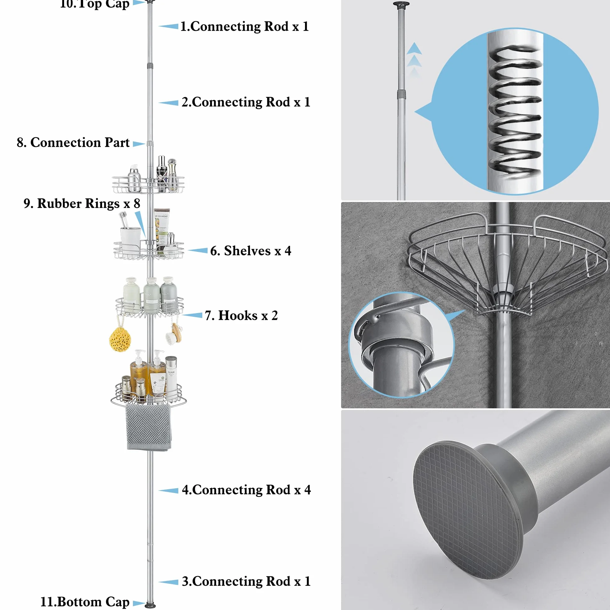 DUFU Telescopico Mensola Doccia Angolare Portaoggetti Doccia Metallo Senza Foratura con 4 Ripiani per Vasca o Bagno Stoccaggio 73-265CM Regolabile in Altezza Grigio