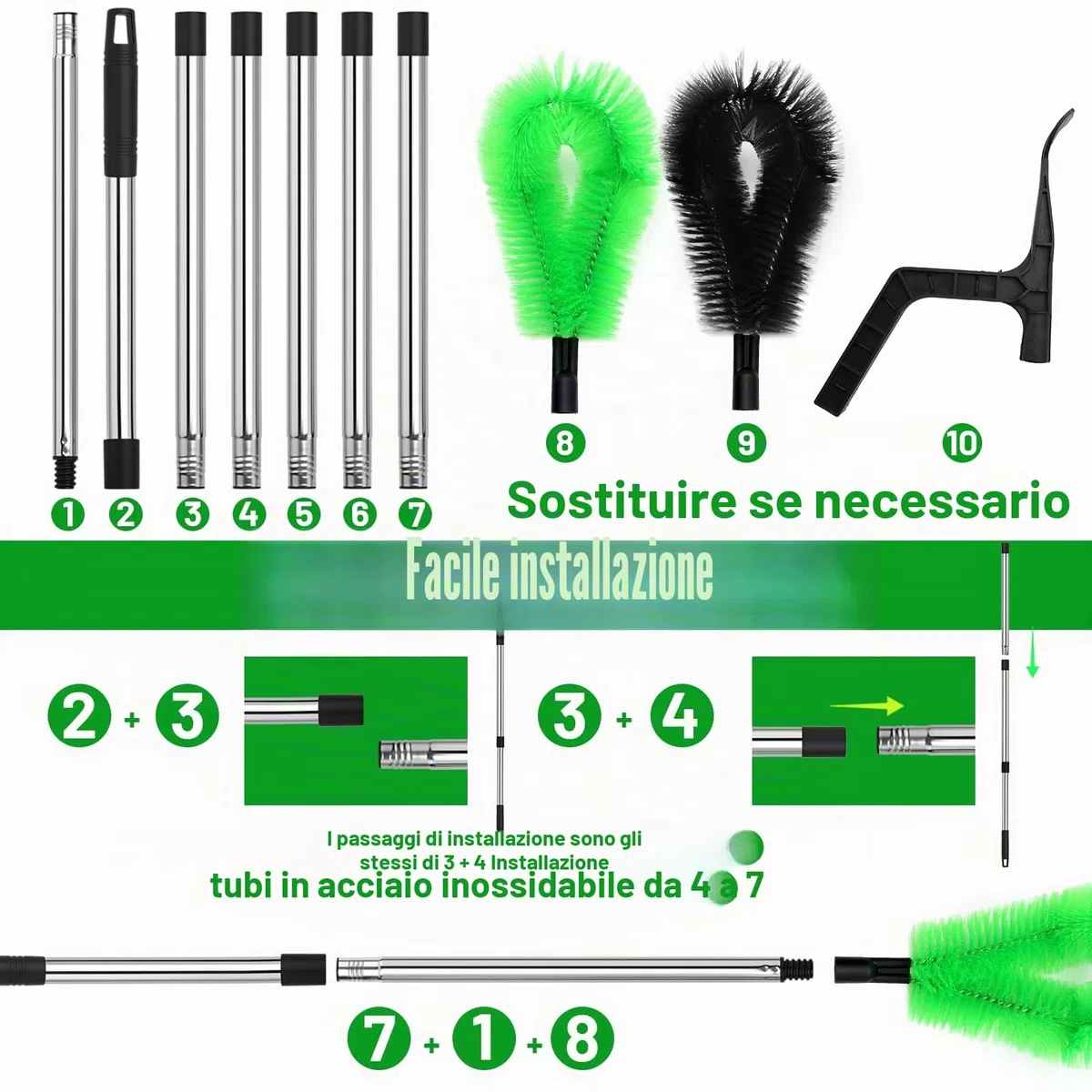 Pulisci Grondaie Telescopico, Pulizia Grondaie, Strumento Telescopico per la Pulizia di Grondaie Allungabile 390 cm con 9 Bar+2 Testine + Cucchiaio