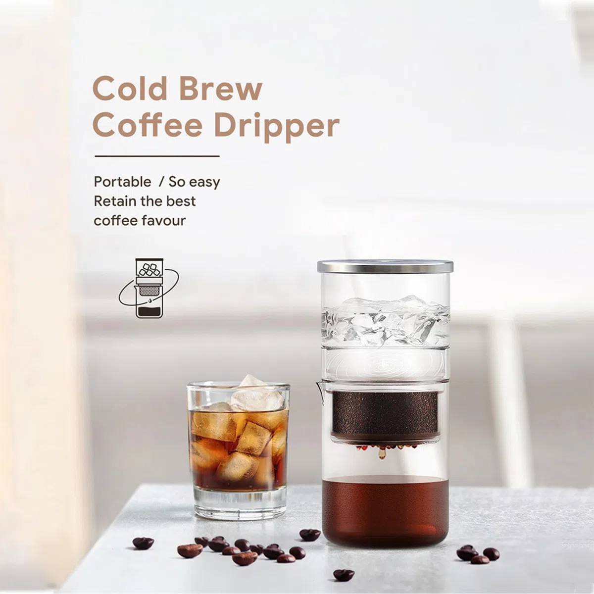 Respicefinem Macchina per Caffè Freddo con Gocciolatore in Vetro Borosilicato Estrattore di Sapore Uniforme Ideale per Casa Ufficio e Viaggi – Capacità 300 ml/10 15