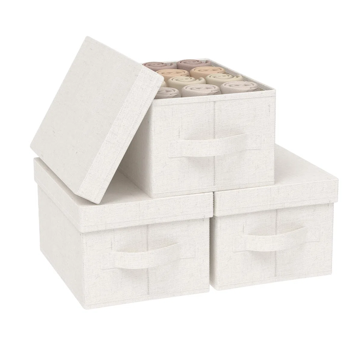 3er Scatole di Stoccaggio, Contenitore in Tessuto con Coperchio, Organizzatore di Vestiti con Maniglia, Utilizzato in Camera da Letto o Soggiorno, 33x23x18cm, Beige