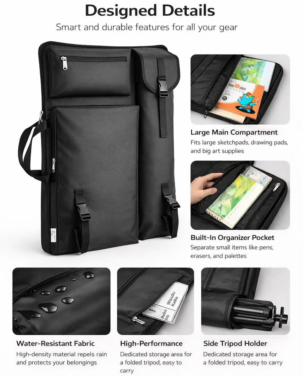 YMTECH Zaino impermeabile grande per artisti – Borsa portadisegni multiuso con scomparti per tele, fogli A2/A3, perfetta per scuola d’arte e viaggio