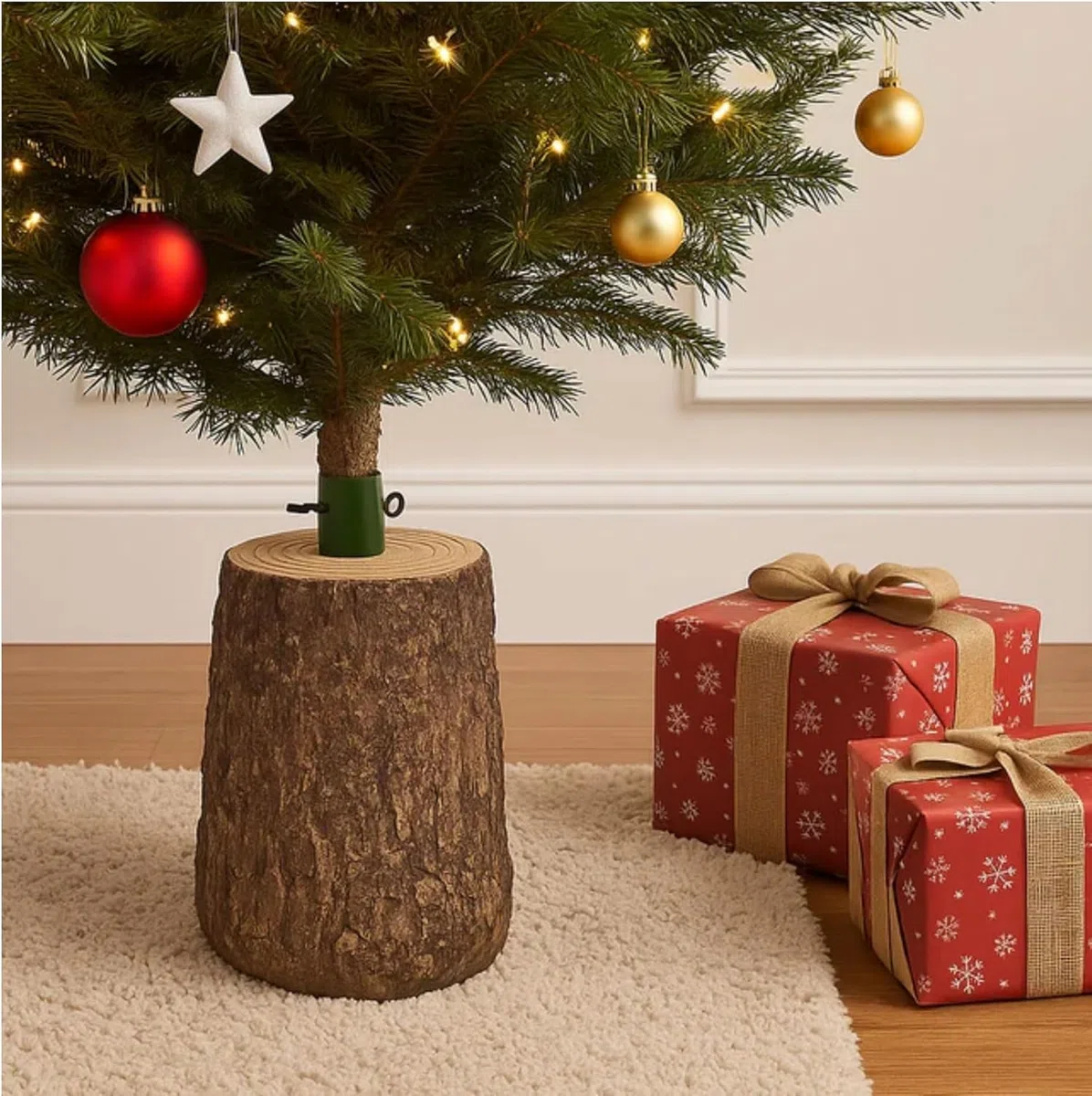 081 Store - Base Albero di Natale in Resina effetto Tronco Legno Naturale – Supporto Stabile e Realistico Ø32 mm, per Alberi fino a 180 cm – Decorazione Natalizia Elegante 33x24x19 cm