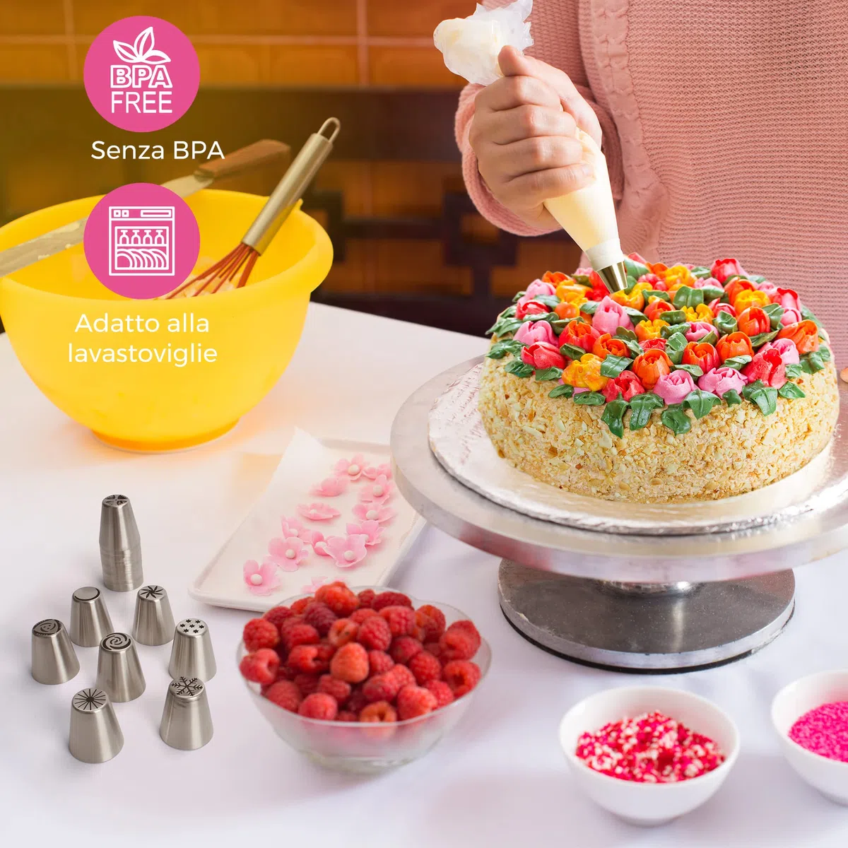 Wenburg Sac à poche con beccucci – 100 pezzi – Set di beccucci per torte in acciaio inox – Set professionale per gli ambiziosi hobbisti – Versatile