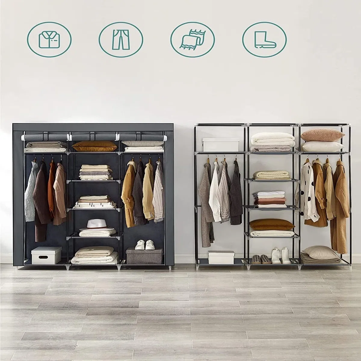 Armadio in Tessuto, Guardaroba Pieghevole Salvaspazio, Appendiabiti, Scaffale per Borse, Giocattoli, Scarpe, Soggiorno, Camera da Letto, 150 x 45 x 170 cm (Grigio)