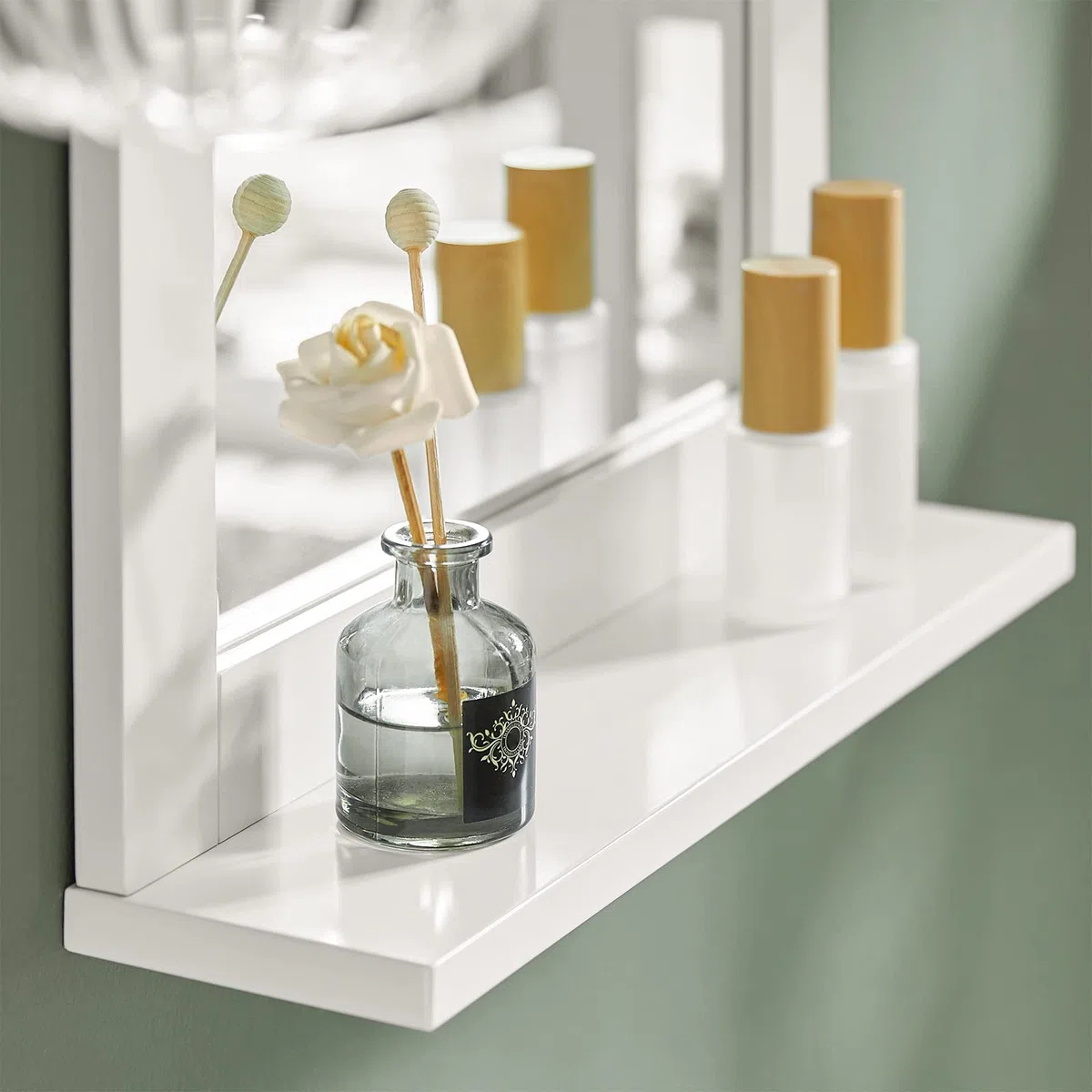 SoBuy Pensile Bagno Sospeso con Specchio Mobiletto Bagno Salvaspazio Armadietto da Parete con Mensola, Specchio Contenitore per Lavatrice, Lavandino, Lavanderia Bianco 40x49x10cm FRG129-W