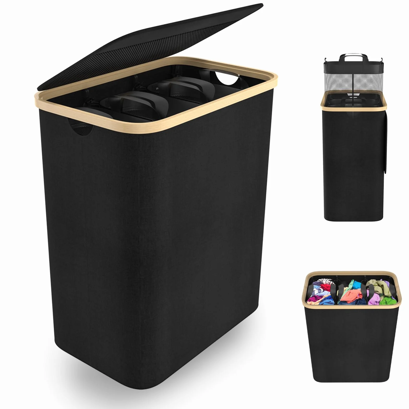 Froadp Cesto portabiancheria a 3 scomparti, pieghevole da 140 l, con coperchio per bagno e camera da letto, robusto cestino con maniglie, 3 sacchetti lavabili (nero)