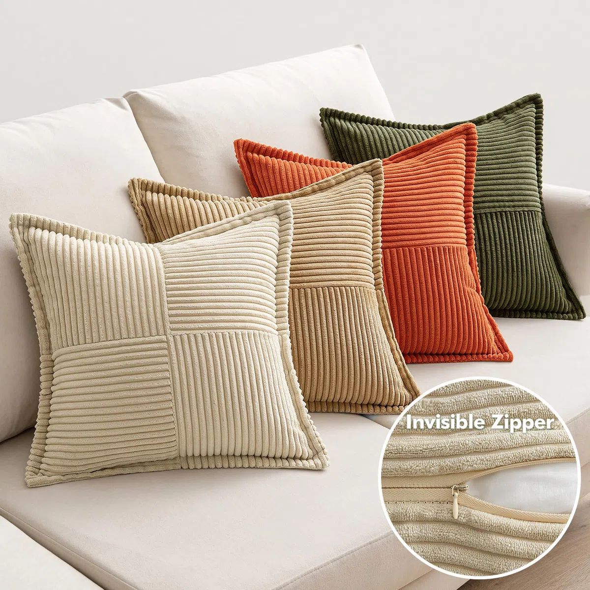 EMEMA Set di 4 federe decorative in velluto a coste, per soggiorno, camera da letto, serie marrone-verde, 45 x 45 cm