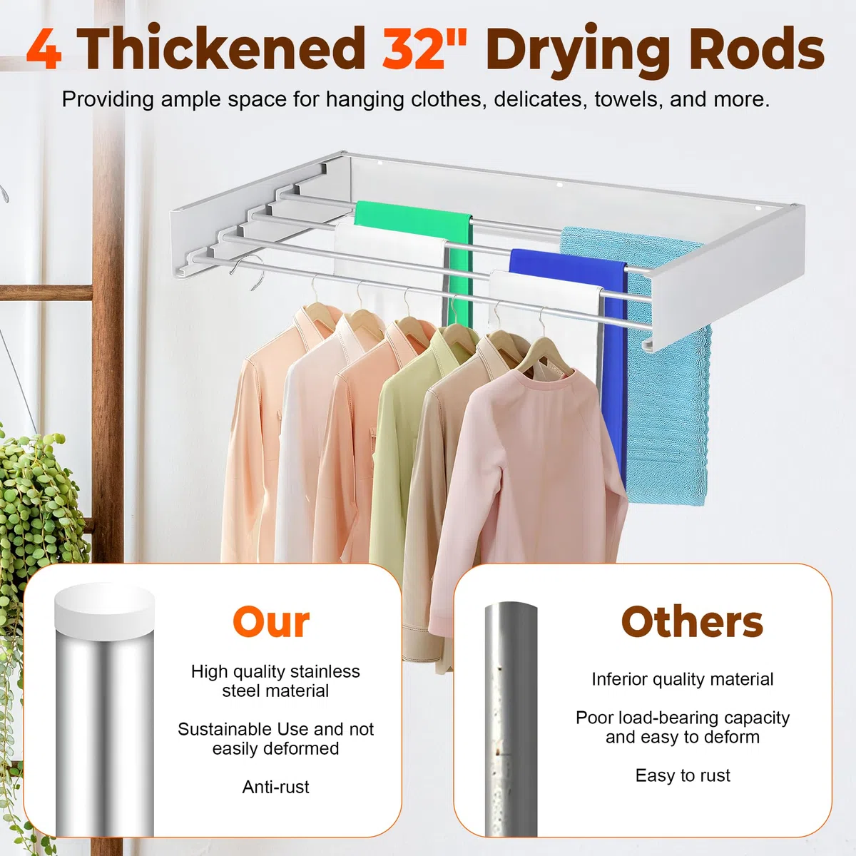 32” Wall Mounted Hanging Drying Rack Laundry for Kitchen Bathroom Use - Foldable Indoor Outdoor Drying Line with 4 Steel Poles - Collapsible Laundry Organizer Clothes Rack for Outdoor Balconies