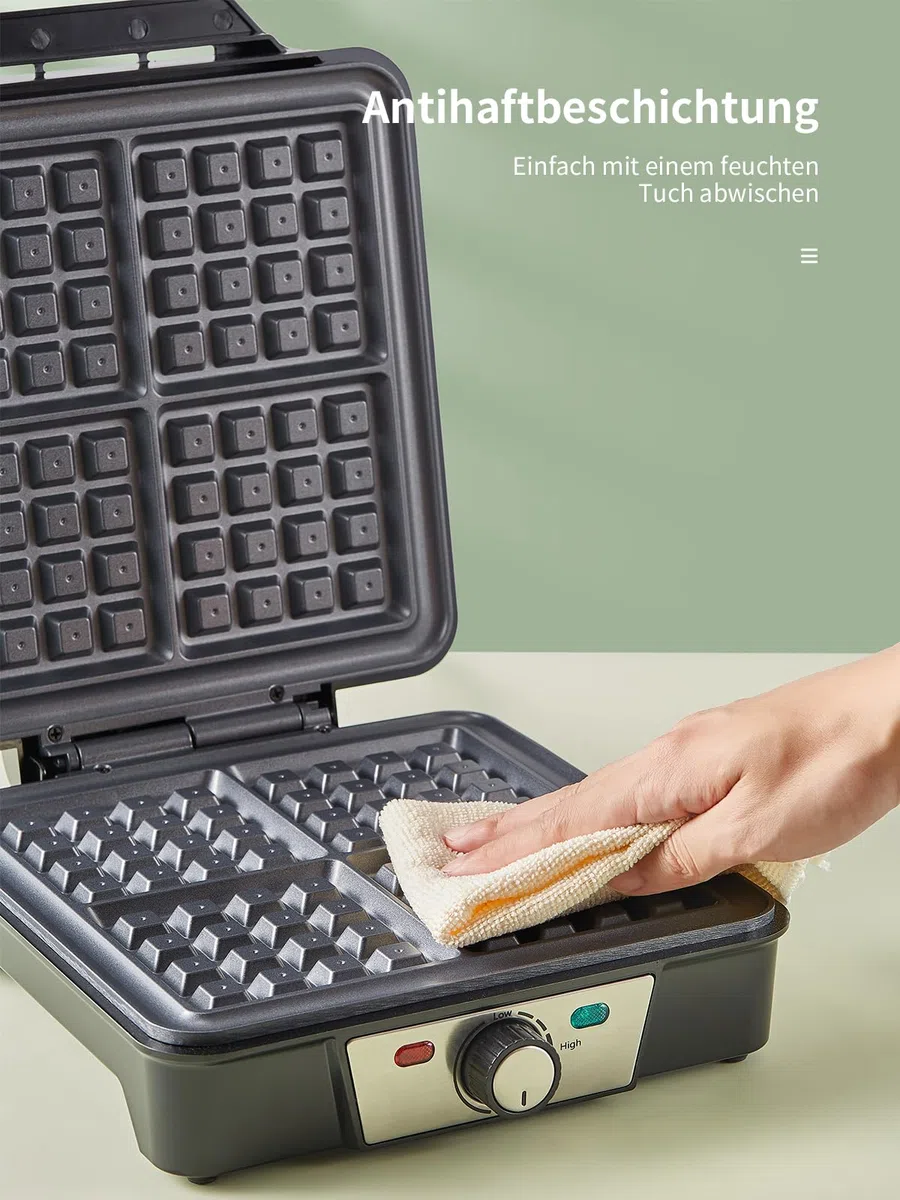 Piastra per waffle per 4 waffle belghe, 1200 W, con anti-troppopieno, regolatore abbronzatura, piastre antiaderenti e spie di controllo