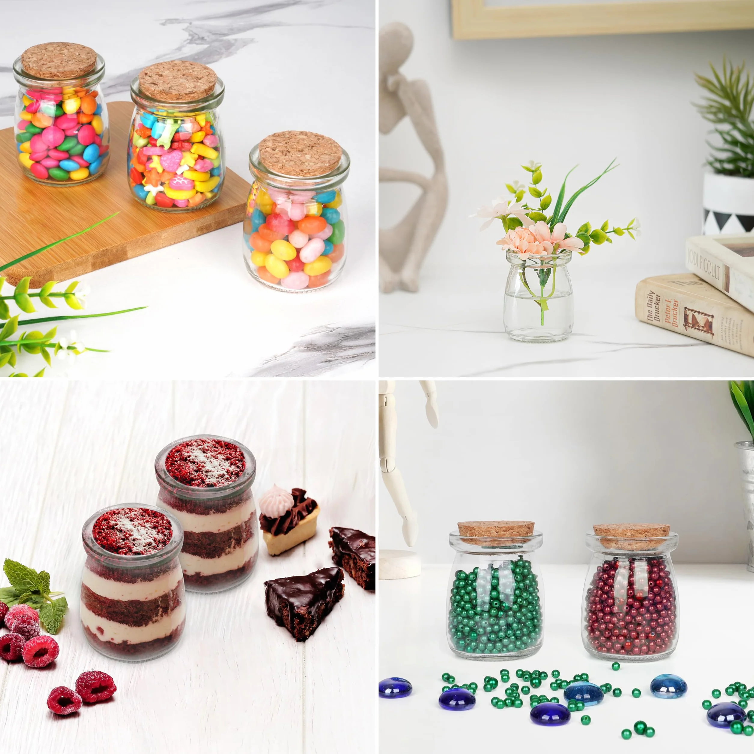 Winter Shore Barattoli di vetro piccoli da 100 ml con coperchio in sughero, confezione da 24, bottiglie di vetro per alimenti, con sughero, spago ed etichette, per caramelle, yogurt, miele, candele