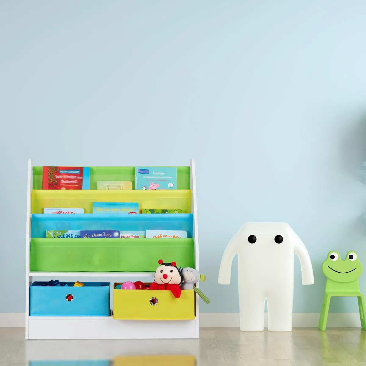 Relaxdays Porta Giochi Bambini, con Motivi Marini, 2 Scatole, 3 Scomparti, Scaffale Libreria, HLP 74x71x23 cm, Colorato
