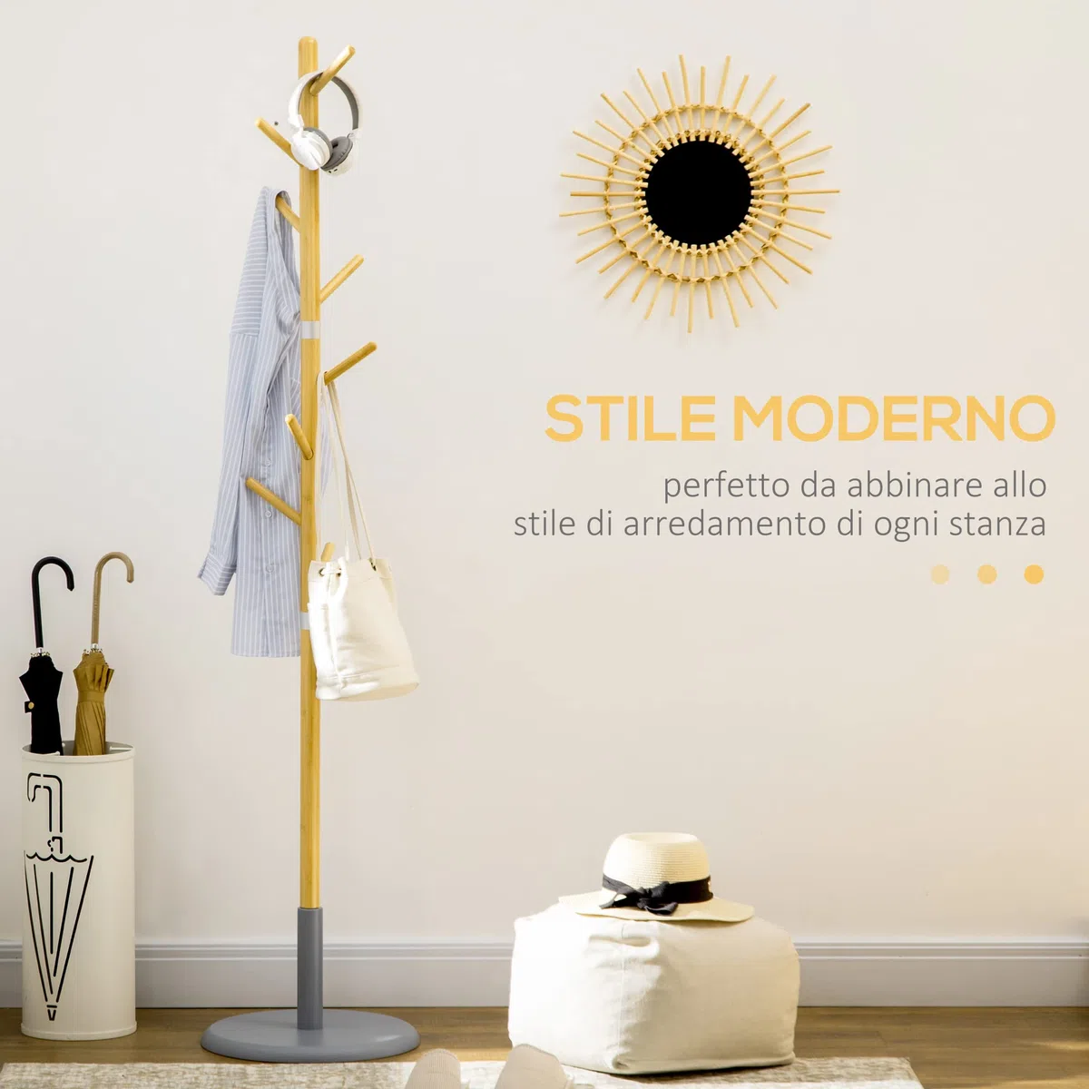 HOMCOM Albero Appendiabiti a 8 Ganci con Base Rotonda, Appendiabiti da Terra in Bambù, Legno e Metallo, Ø37.8x175.6 cm, Color Legno e Grigio