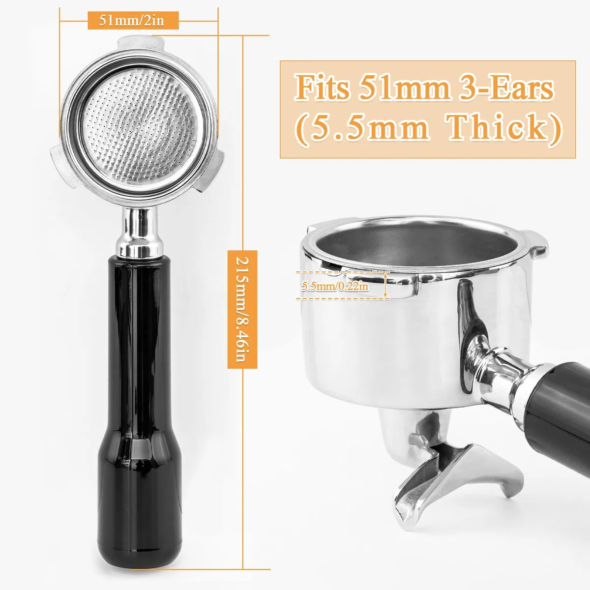 Portafiltro 51mm a 3 Orecchie con Doppio Beccuccio, Compatibile con Macchine da Caffè De'Longhi Dedica EC680 EC685 EC785 EC820 EC850 EC860, Manico in ABS Resistente