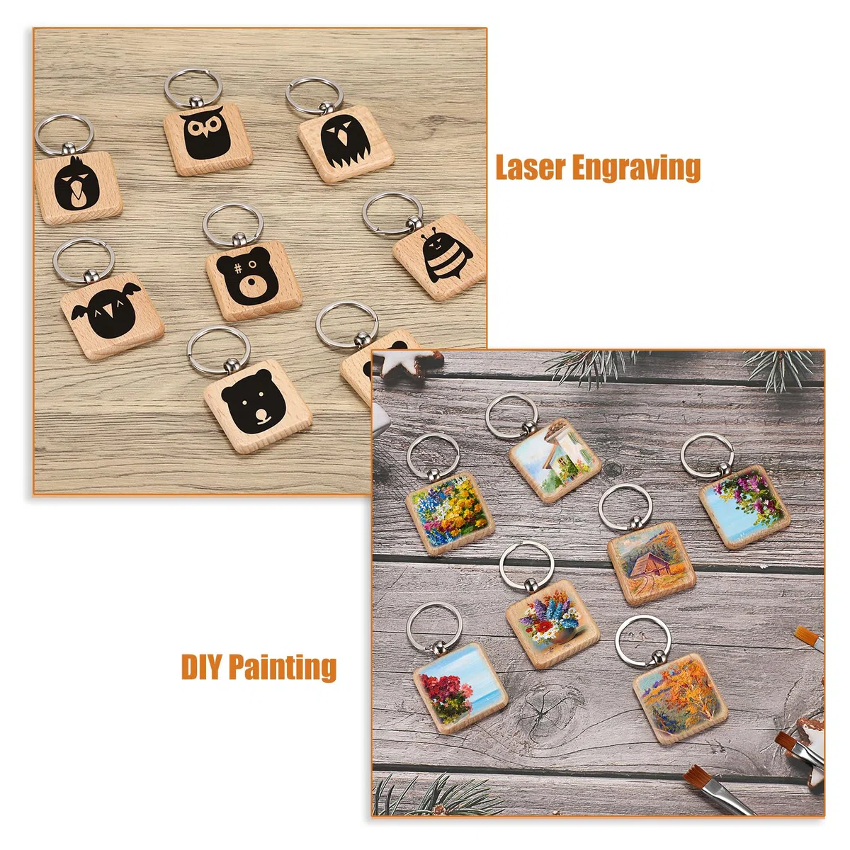 100 portachiavi quadrati in legno, 4 cm, vuoti, portachiavi in legno, per fai da te, personalizzabili, portachiavi in legno