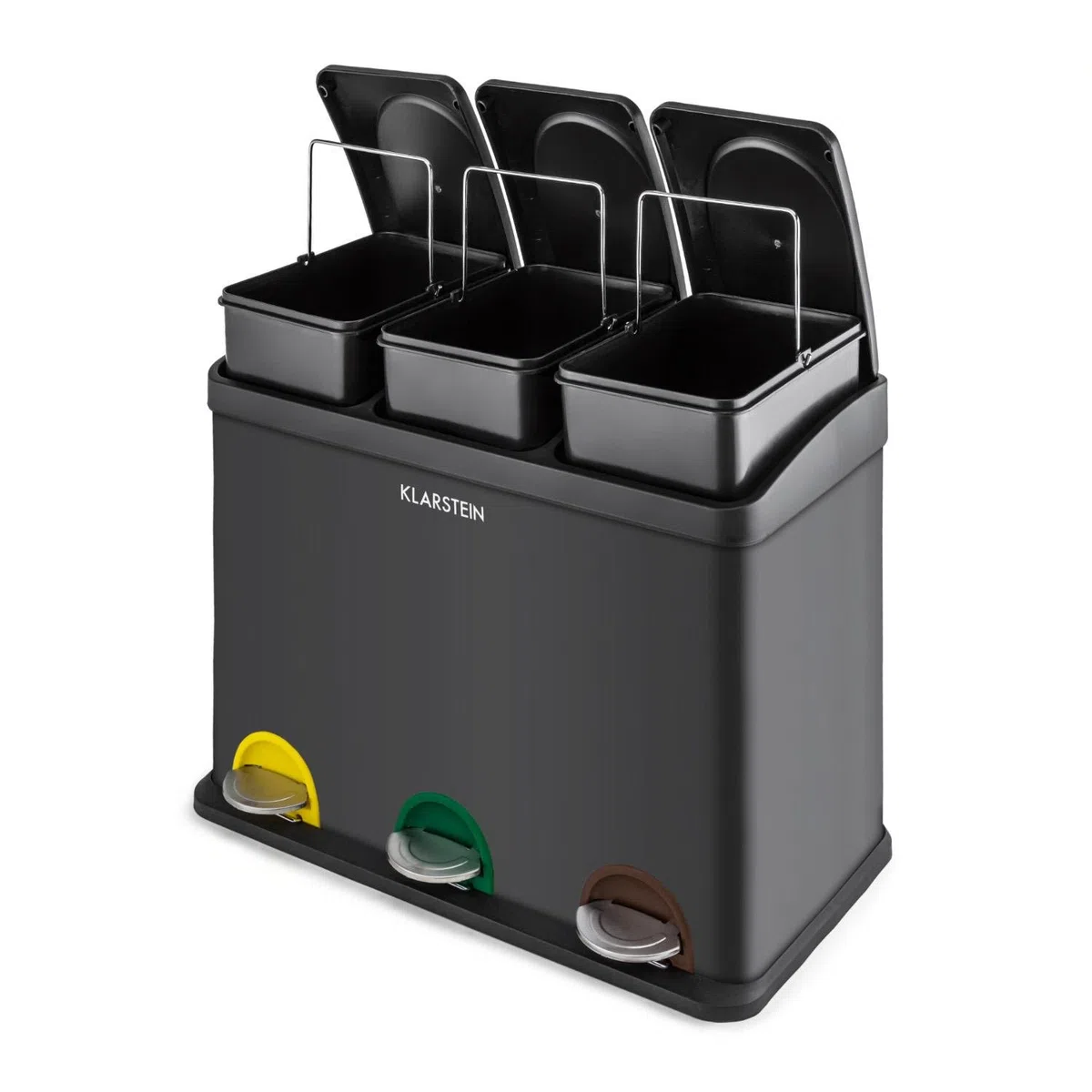 Klarstein Ökosystem - Pattumiera a Pedale, Cestino Per Raccolta Differenziata con 3 Secchi, 45 Litri di Volume, 3 Scomparti, Contrassegni Colorati, Acciao Inox, 45L (3 x 15 L), Nero