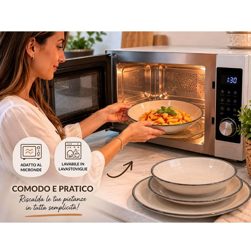 Set Piatti 12 Pezzi in Ceramica – Servizio Tavola per 4 Persone con 4 Piatti Piani, 4 Fondi e 4 Frutta – Design Moderno – Varianti Blu o Tortora (Tortora)