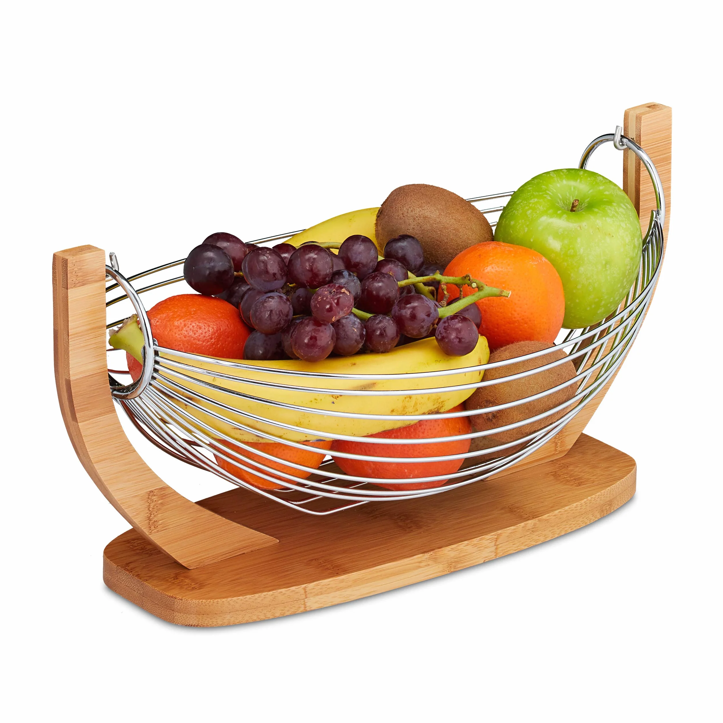 Relaxdays Porta Frutta, in Bambù & Acciaio, Design a Griglia, Centro Tavola Decorativo, 18,5x38x23 cm, naturale/argento