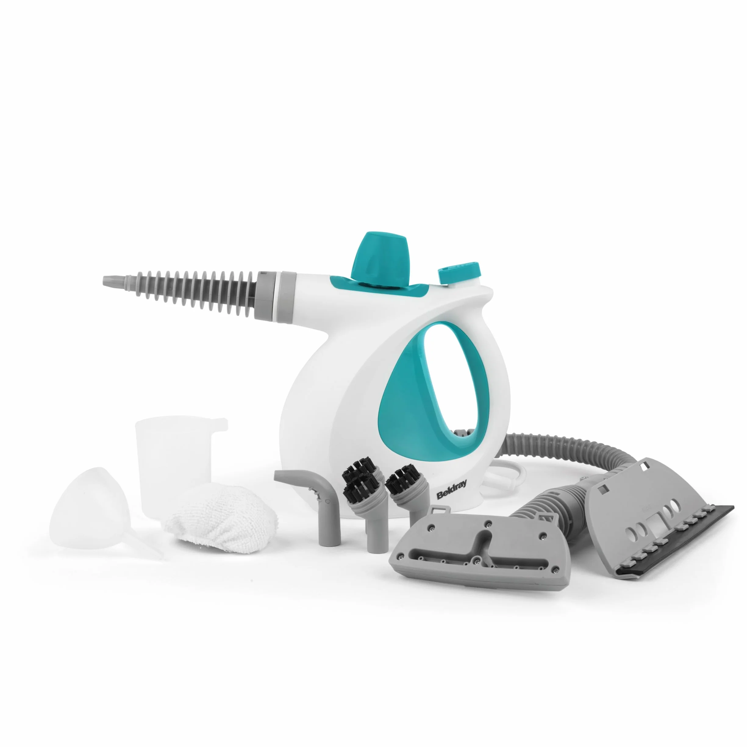 Beldray BEL0701TQN Detergente a vapore portatile 10-in-1, perfetto per tappezzeria, Piastrelle per bagno, specchi e finestre, scopa a vapore detersivo, Uccide efficacemente i batteri, Turchese, 1000W