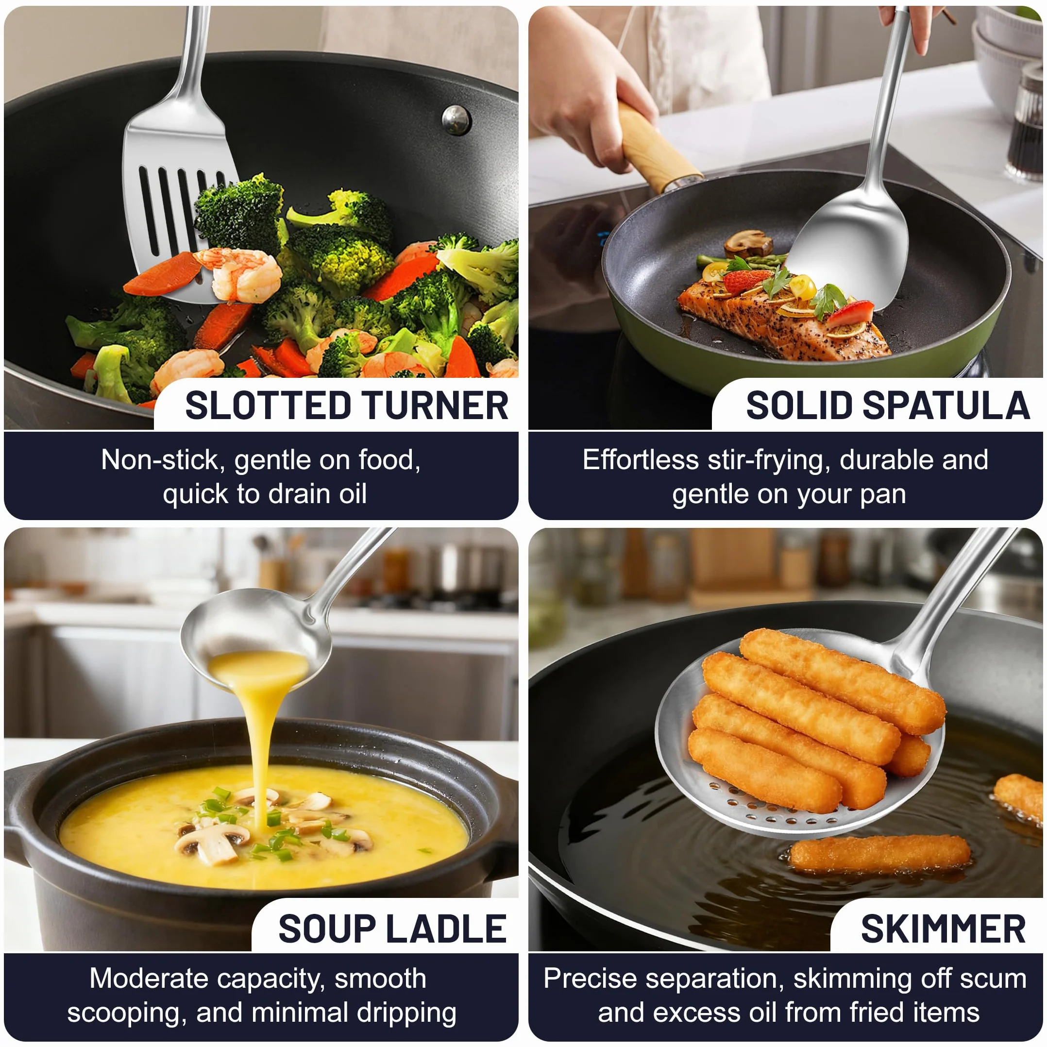 Bestdin Set di Set Utensili Cucina – 12 Pezzi di Utensili da Cucina in Acciaio Inossidabile, Resistenti al Calore, con Ganci, Contiene Accessori da Cucina come Mestoli Cucina, Spatola