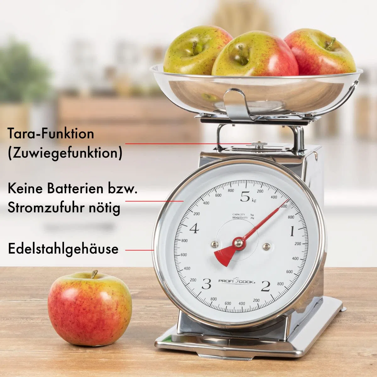 ProfiCook Bilancia da cucina analogica meccanica retrò fino a 5 kg con funzione Tara, facile da leggere PC-KW 1247