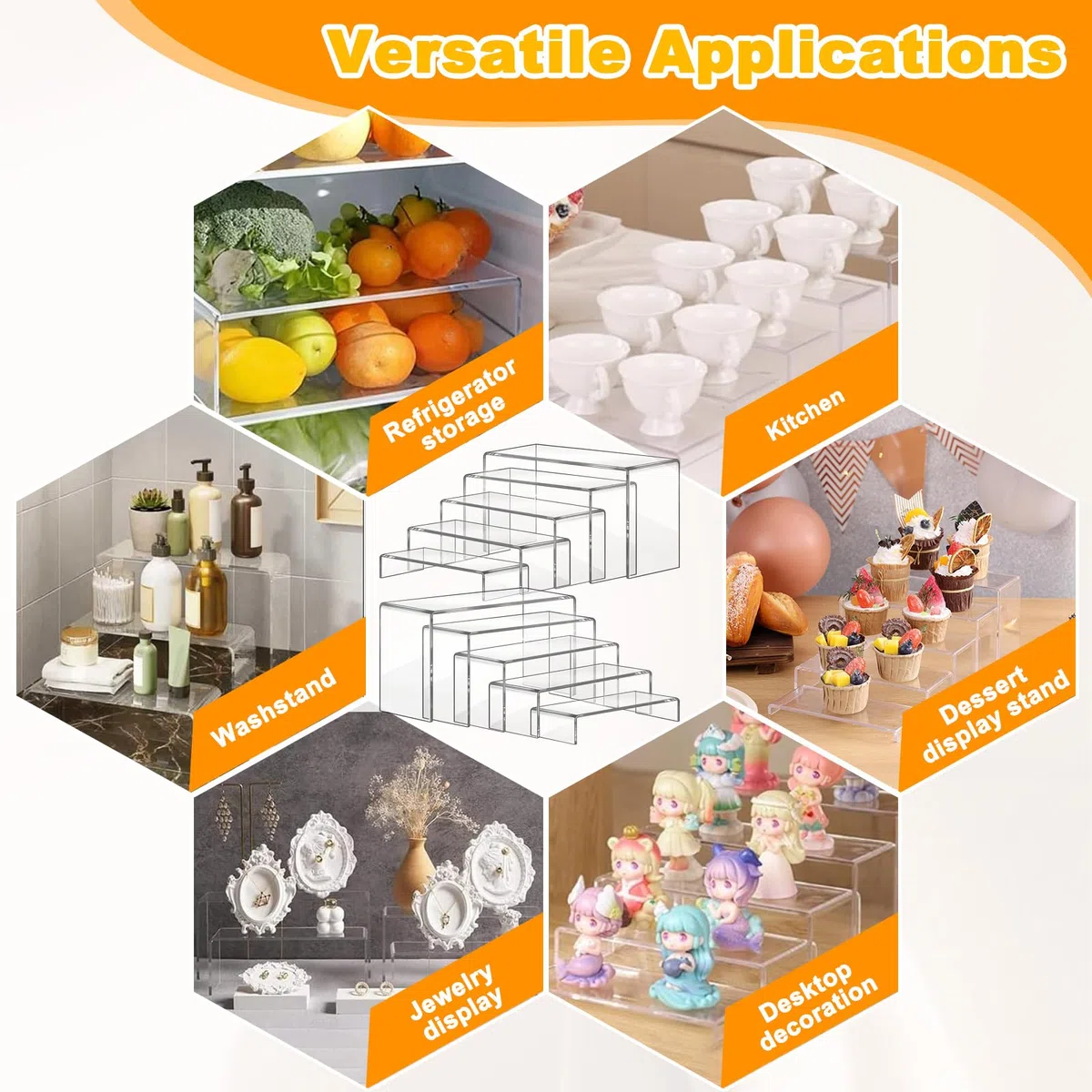 Set di 10 Espositore Acrilico Trasparente, 5 Misure Porta Espositori in Acrilico a Forma di U per Esposizione Cupcakes, Dessert, Modellismo, Cosmetici, Lozione, Collezione & Profumi