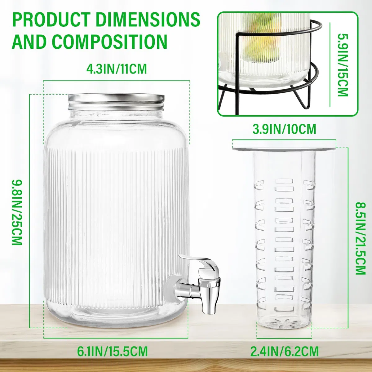 Dispenser Bevande in Vetro con Rubinetto: Distributore di Bevande Ghiacciate da 4 litri per Barbecue Picnic Festa in Piscina ed Eventi Sociali (Glass)