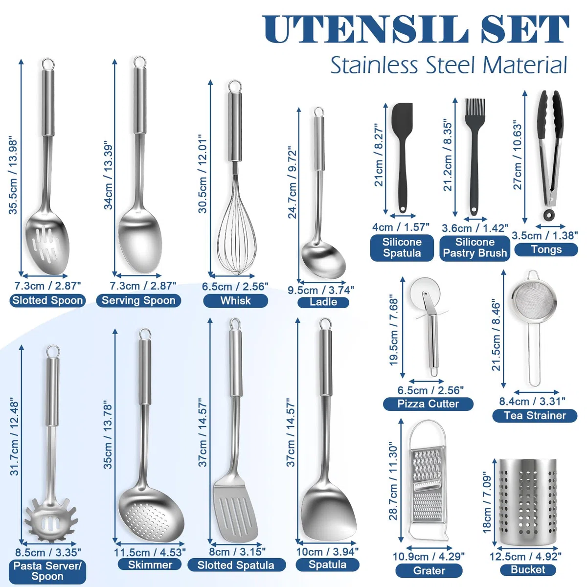 BEWOS Set Utensili Cucina da 15 Pezzi - Utensili da Cucina in Acciaio Inossidabile con Paletta e Portautensili, Non Tossico, Lavabile in Lavastoviglie e Resistente al Calore