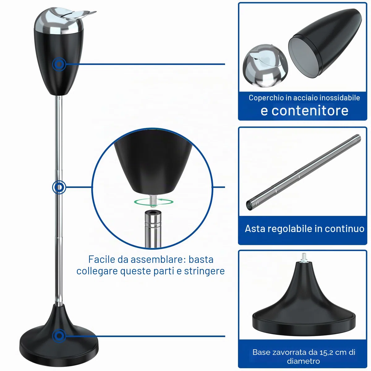 RELIANCER Posacenere da pavimento con coperchio, regolabile in altezza da 54,6 cm a 88,9 cm, in acciaio inox, contemporaneo, autopulente, telescopico, posacenere per sigarette, posacenere alto da