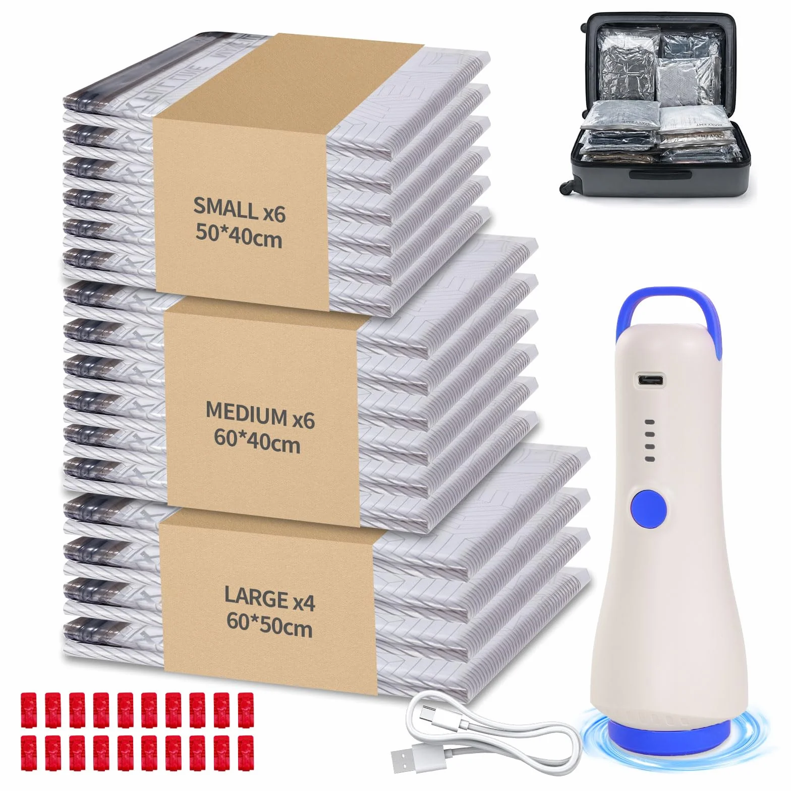Sacchetti Sottovuoto Vestiti, Set 18 pz (16+2 Omaggio) con Pompa Wireless 4500Pa, (6 x 40 x 50 cm, 6 x 40 x 60 cm, 4 x 60 x 50 cm, +2 x30x40cm) Salvaspazio Riutilizzabili per Viaggio & Armadio