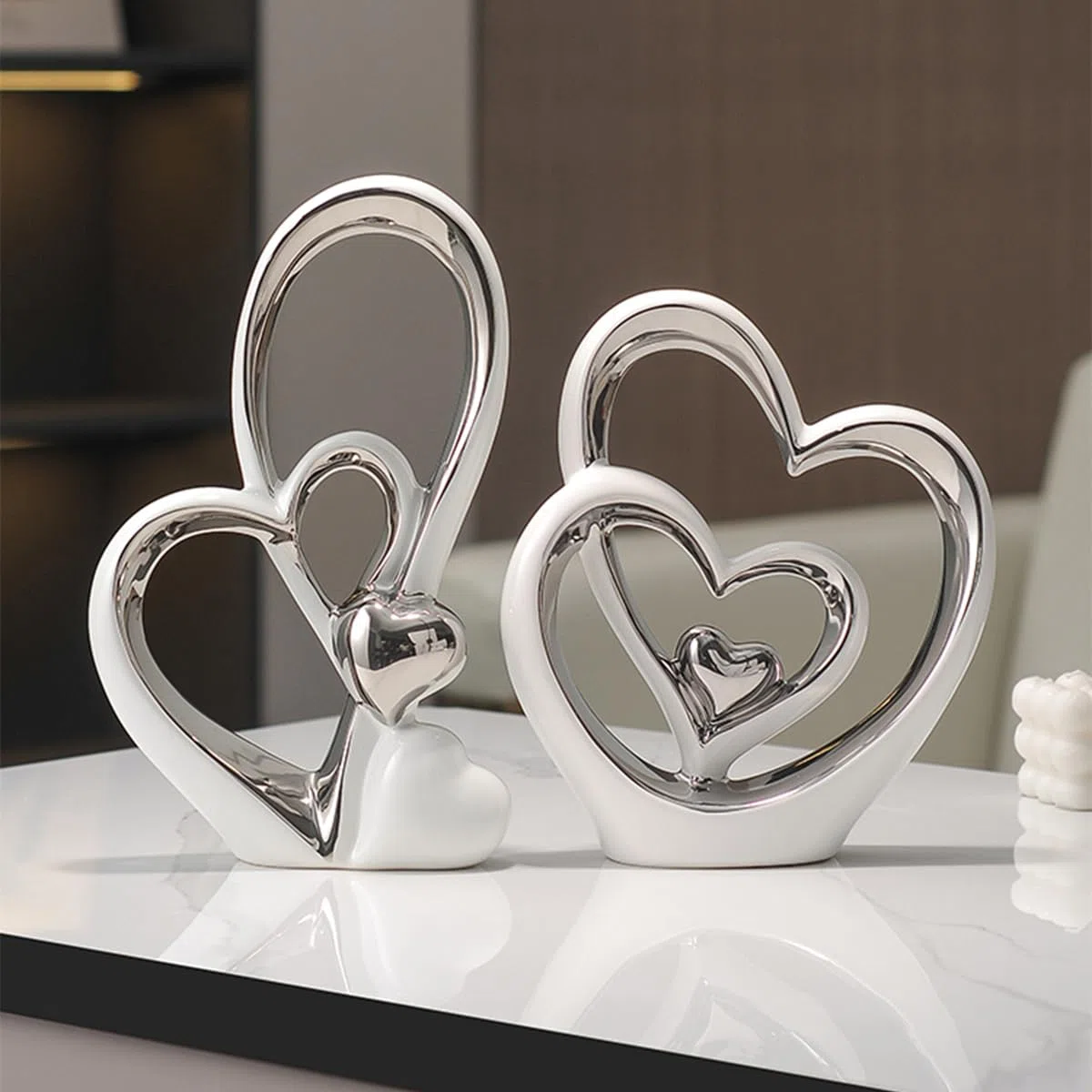 Statua in ceramica a doppio cuore,Elegante cuore per la decorazione,scultura decorativa per la casa,soggiorno,decorazione dell'ufficio,adatta come regalo.
