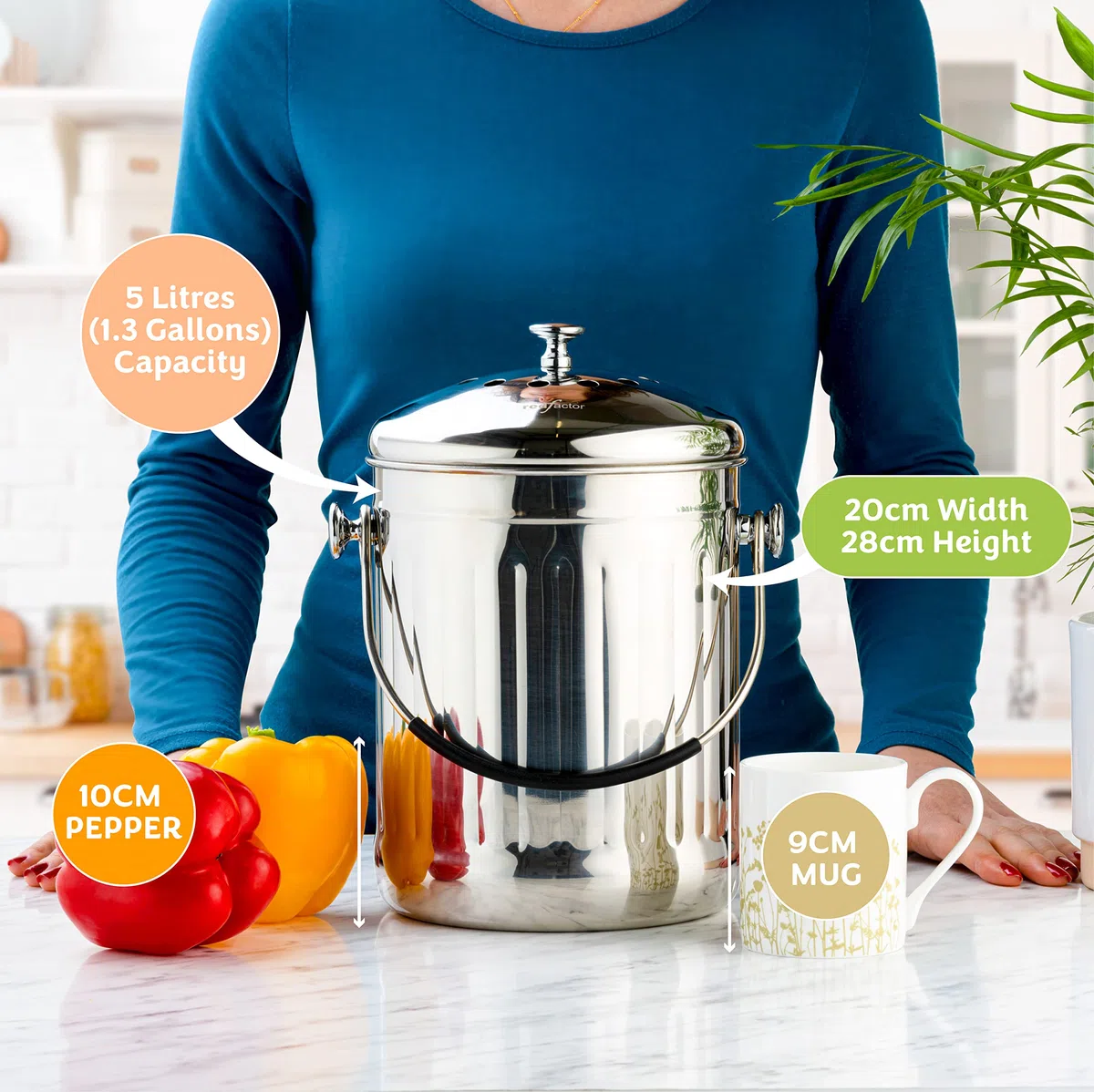 RED FACTOR Premium Compostiera da Cucina Inodore in Acciaio Inox - Filtri di Ricambio in Carbone Attivo Inclusi (5 Litri, Inox Lucido)