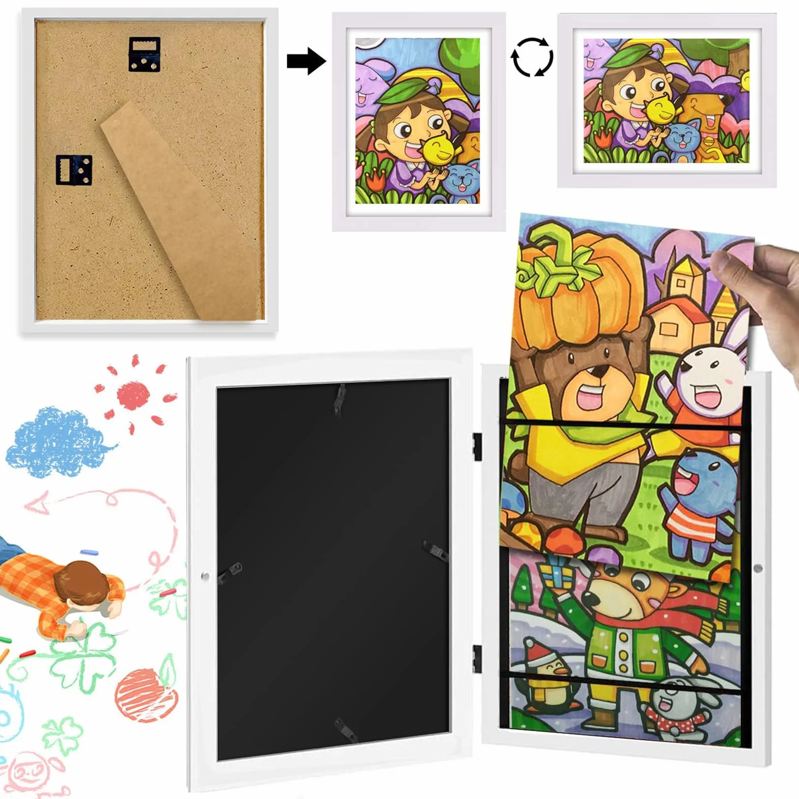 2pcs Cornici per Quadri Disegni Bambini con 20 a4 Disegni Cornice Artistiche in Legna Capacità 100 da Appendere Cornice Porta Disegni Bambini