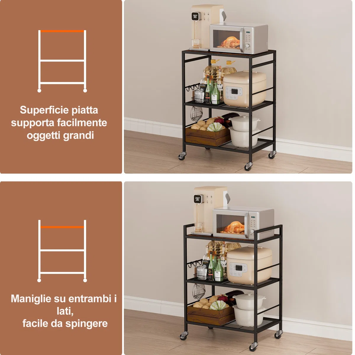 Carrello da cucina (telaio nero + pannello nero, organizzatore mobile, ruote industriali (spazi piccoli), 3 livelli (40 x 60 x 84.7 cm)