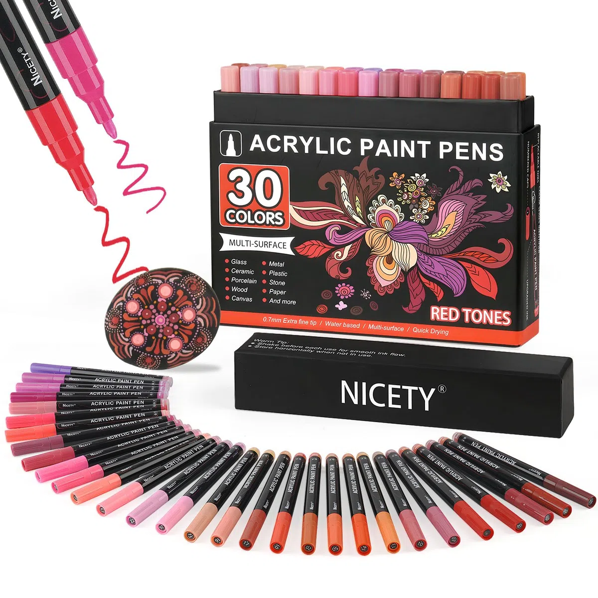 NICETY 30Pz Pennarelli per Pittura Acrilica Pennarelli per Pittura su Roccia Pietra Vetro Ceramica Legno Metallo Tessuto - Punta Extra Fine 0.7mm Pennarelli Acrilici a Base d'Acqua (Rosso)