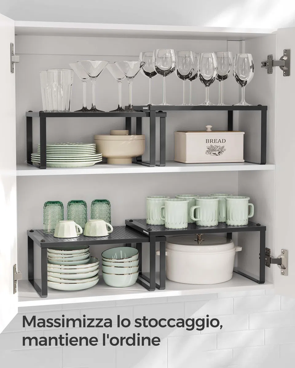SONGMICS Scaffale Portaspezie, Set di 4 Organizzatori da Cucina Espandibili, Scaffale da Cucina Impilabile, Metallo, Nero Inchiostro KCS006B01