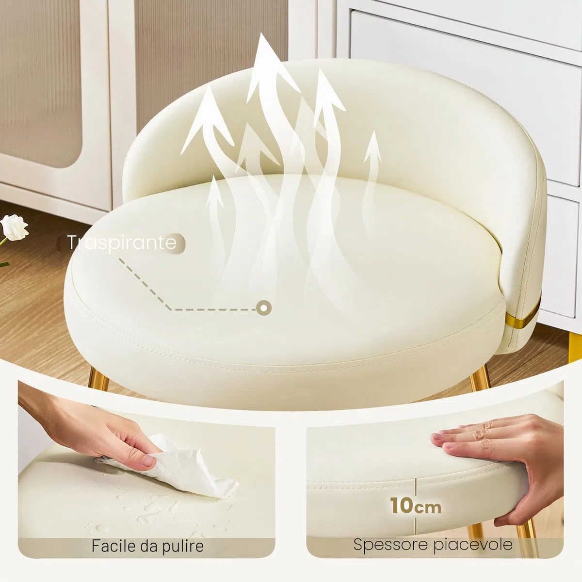 Hellove Sgabello per Toeletta Trucco, Sgabello Basso con Gambe in Metallo Dorato, Moderno Makeup-Hocker in Pelle, Stool Poggiapiedi con Schienale Curvato per Camera da Letto, Soggiorno, Beige