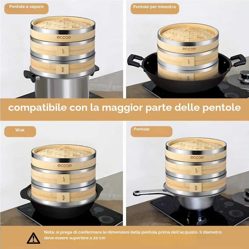 ecooe Cesto a vapore in bambù con 2 panni in cotone, vaporizzatore bambù per verdure, dim sum, pesce e carne (diametro 20 cm)
