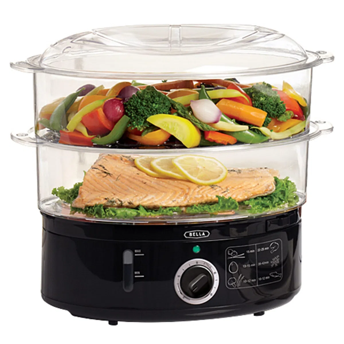 BELLA Vaporiera a due livelli, cottura simultanea sana, veloce e veloce, cestini impilabili per verdure o carne, vassoio per riso/cereali, spegnimento automatico e protezione a secco bollente, 7,4 QT