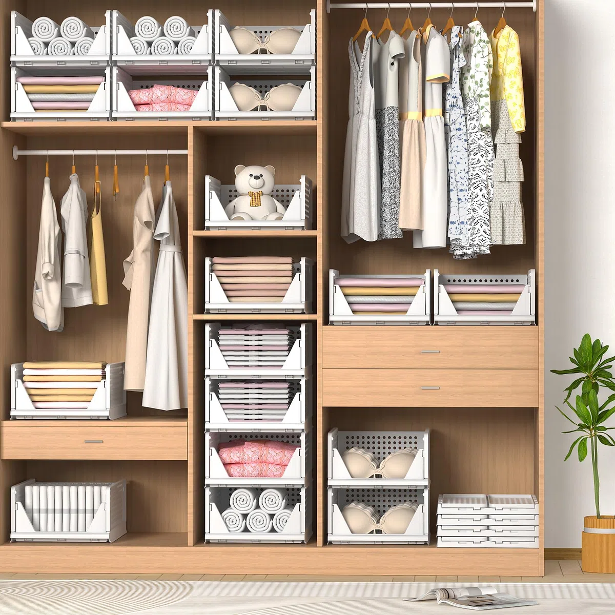 Organizer Armadio Cassettiere, Set di 4 Organizer Pieghevole Impilabili in Plastica per Armadio per Vestiti, Camera da letto, Casa, Cucina, Bagno, Bianco (43 x 33 x 72cm)