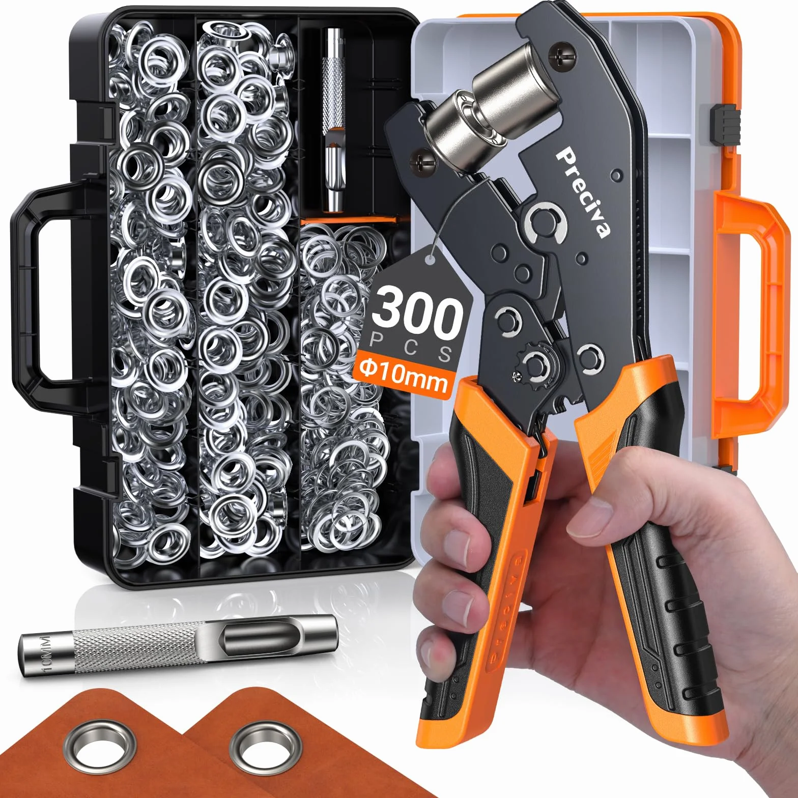Preciva Set professionale di pinze per occhielli con 300 occhielli (diametro 10 mm), occhiello magnetico, occhielli per tessuti, teloni e tende da sole