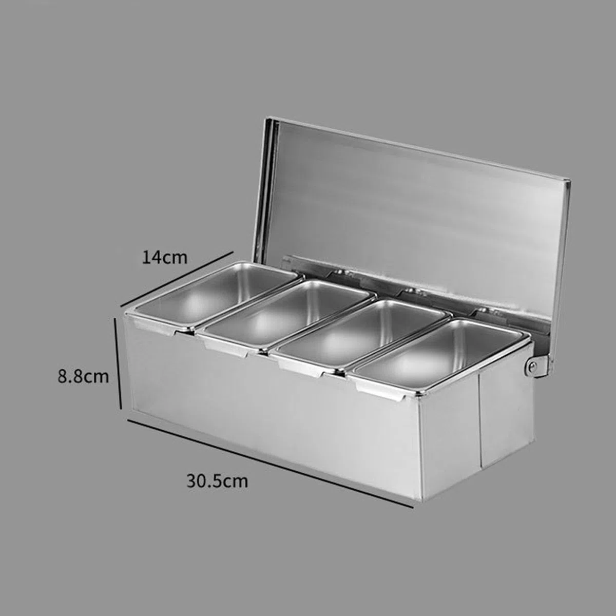 Scatola per condimenti in acciaio inossidabile, vassoi a 4 scomparti Contenitore per condimenti refrigerati Custodia di grande capacità Parte da snack Farina Prodotti secchi Frutta